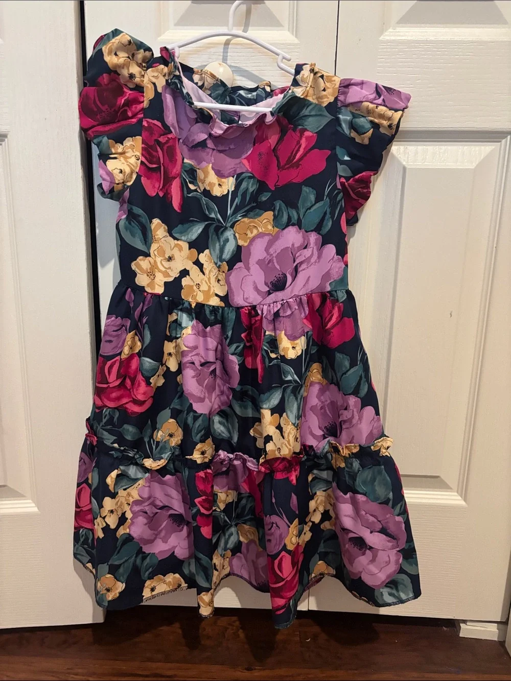 Janie and Jack Navy Floral Tiered Dress with Pink, Purple & Yellow Blooms